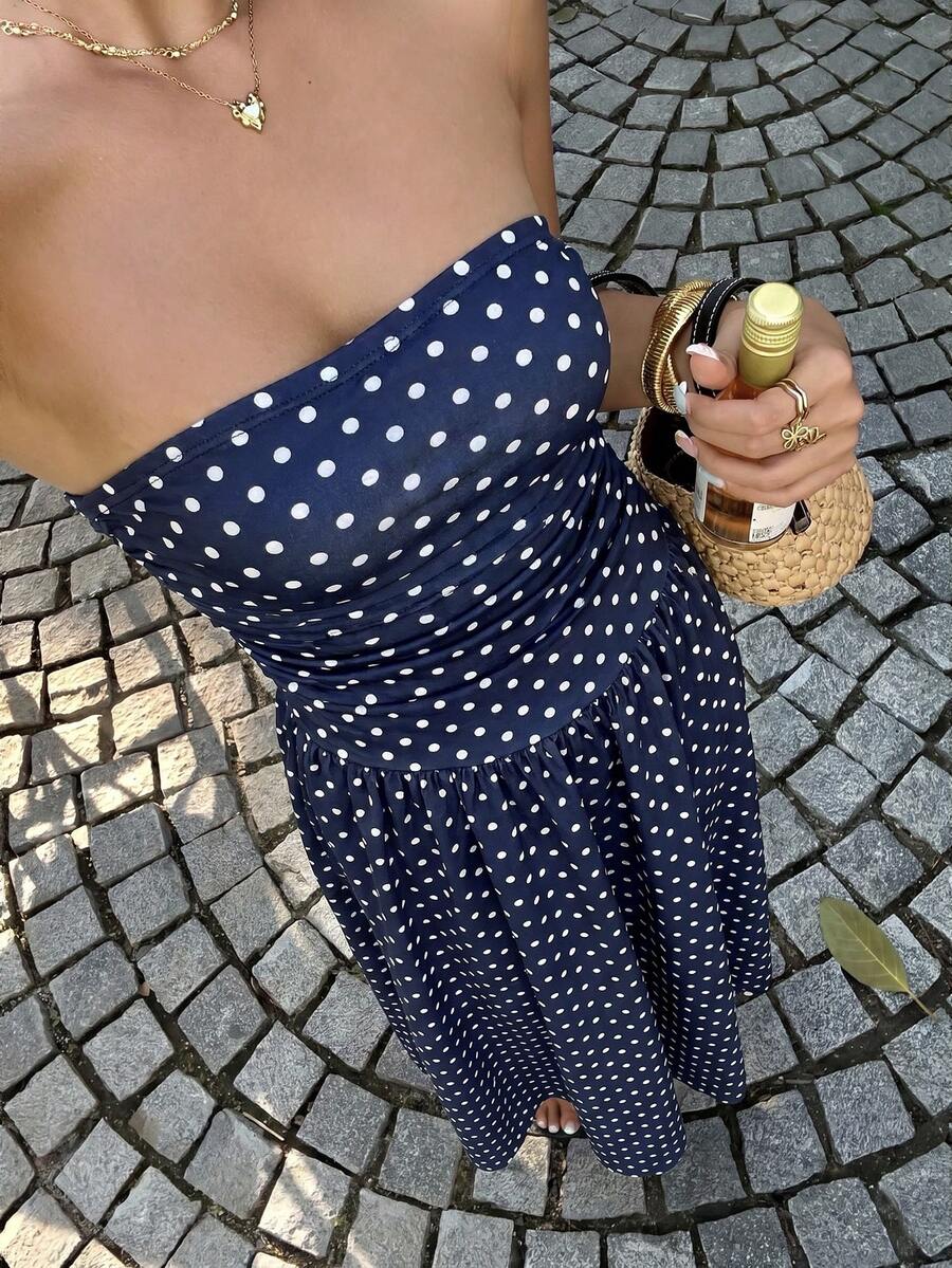 Women’s Polka Dot Strapless Maxi Wedding Guest Dress