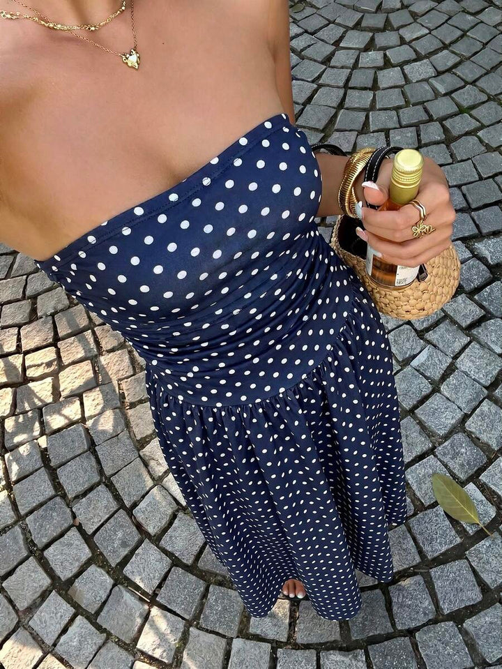 Women’s Polka Dot Strapless Maxi Wedding Guest Dress