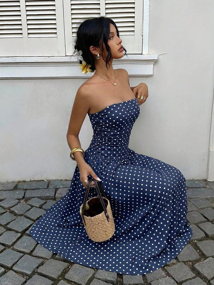 Women’s Polka Dot Strapless Maxi Wedding Guest Dress