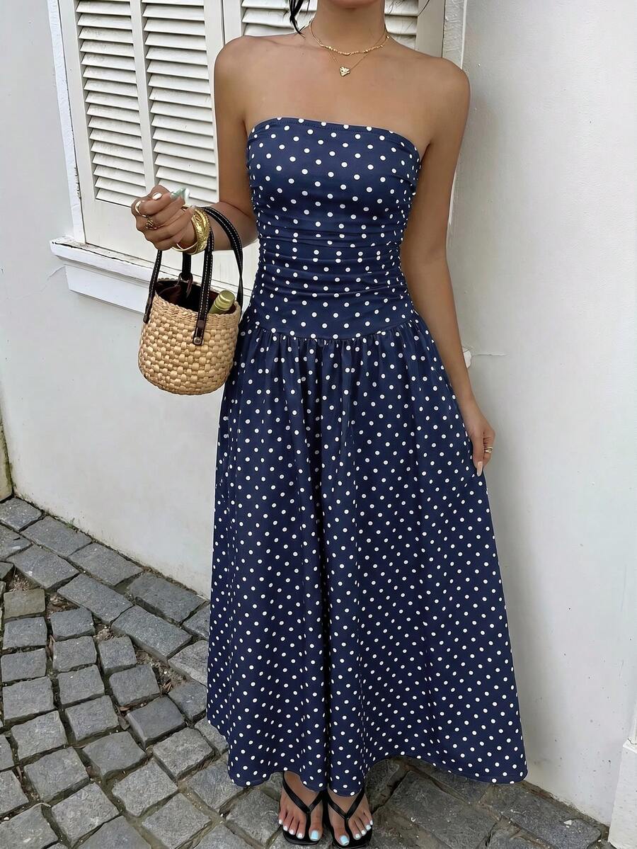 Women’s Polka Dot Strapless Maxi Wedding Guest Dress