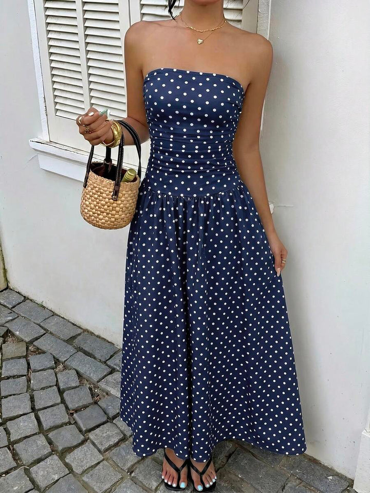 Women’s Polka Dot Strapless Maxi Wedding Guest Dress