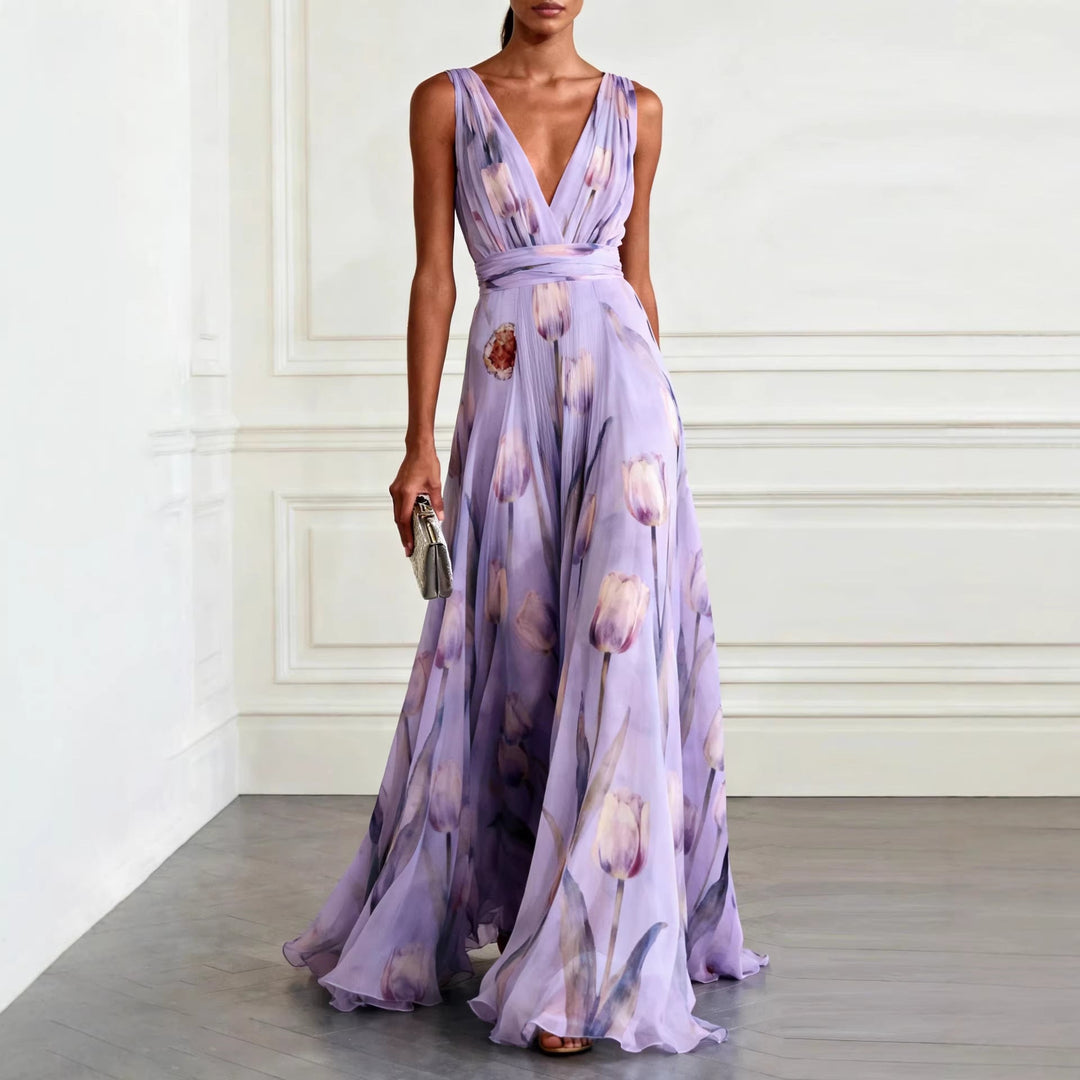 Women's Tulip Print Wrap V-Neck Sleeveless Maxi Dress