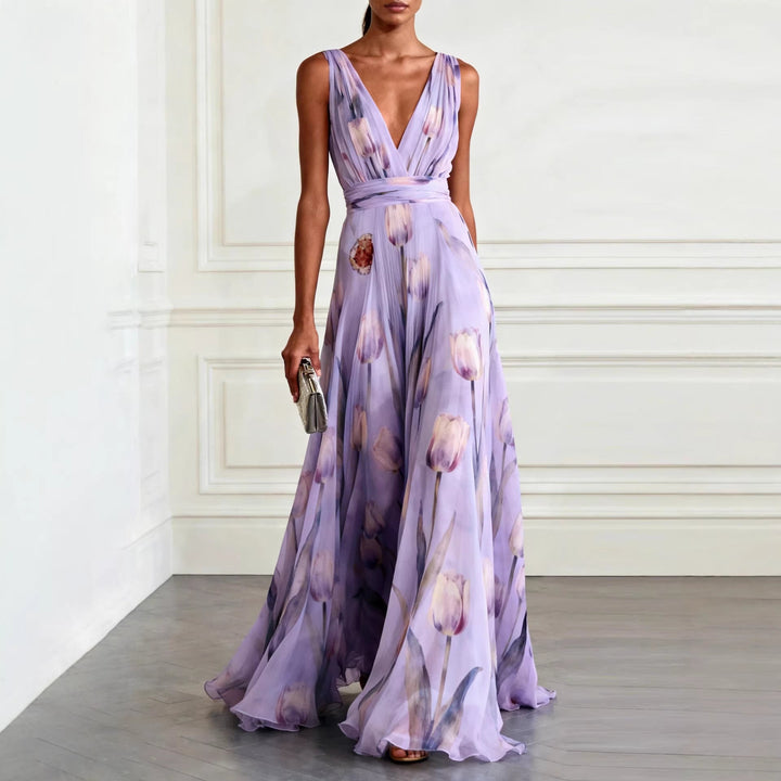 Women's Tulip Print Wrap V-Neck Sleeveless Maxi Dress