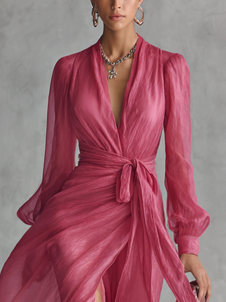Women's Pearl Chiffon V-neck Tie-waist Long Dress