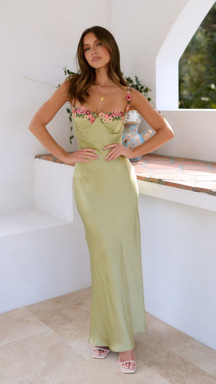 Women’s Satin Floral Strap Maxi Dress with Sweetheart Neckline