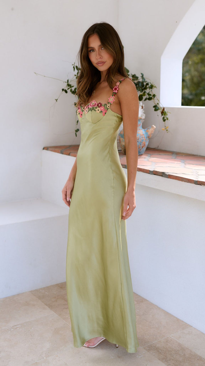 Women’s Satin Floral Strap Maxi Dress with Sweetheart Neckline