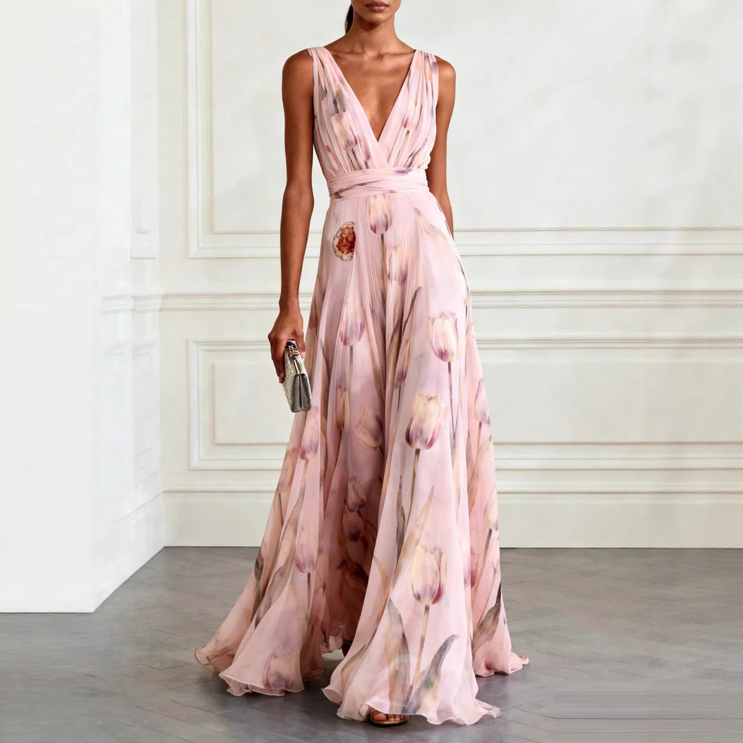 Women's Tulip Print Wrap V-Neck Sleeveless Maxi Dress