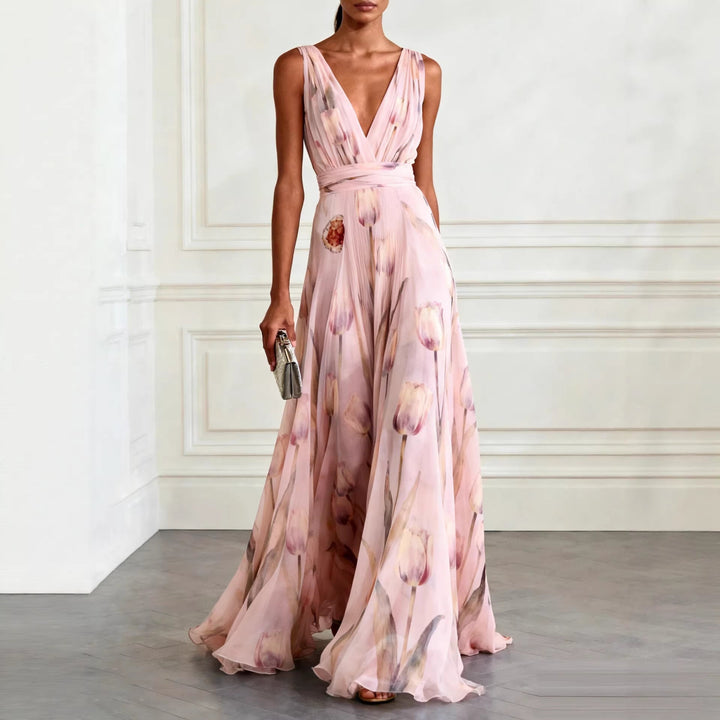 Women's Tulip Print Wrap V-Neck Sleeveless Maxi Dress