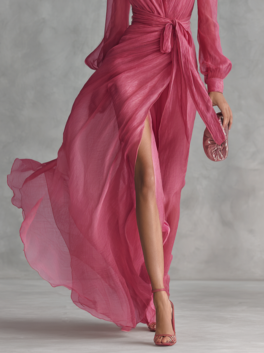 Women's Pearl Chiffon V-neck Tie-waist Long Dress