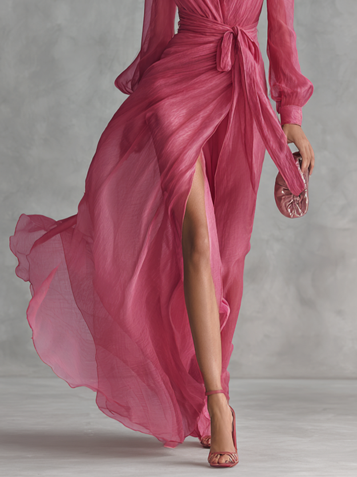 Women's Pearl Chiffon V-neck Tie-waist Long Dress