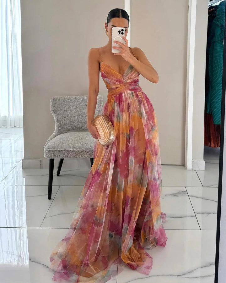 Women's Sleeveless Floral Print Maxi Guest Gown