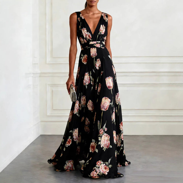 Women's Tulip Print Wrap V-Neck Sleeveless Maxi Dress