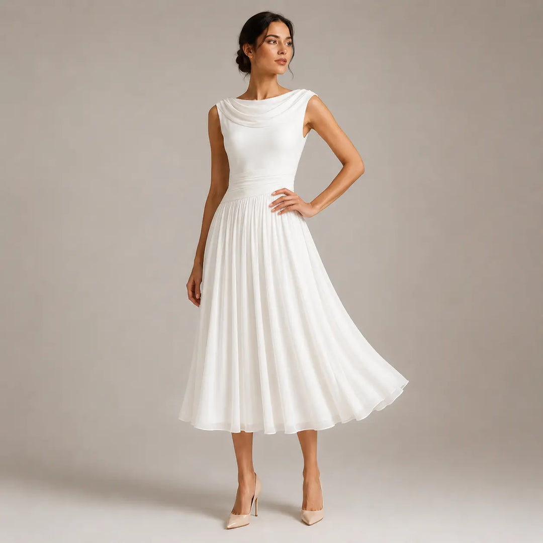Women’s A-Line Midi Wedding Guest Dress with Draped Neck
