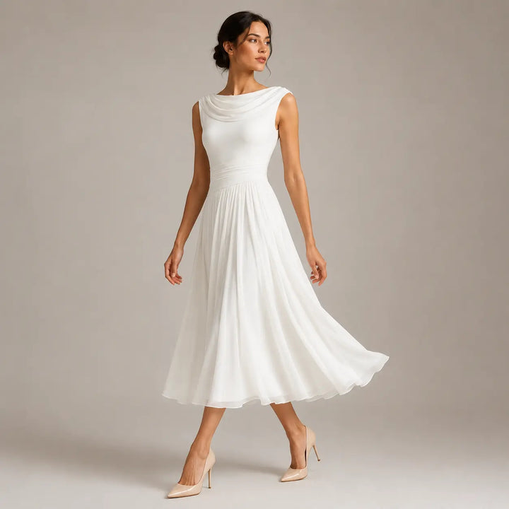 Women’s A-Line Midi Wedding Guest Dress with Draped Neck