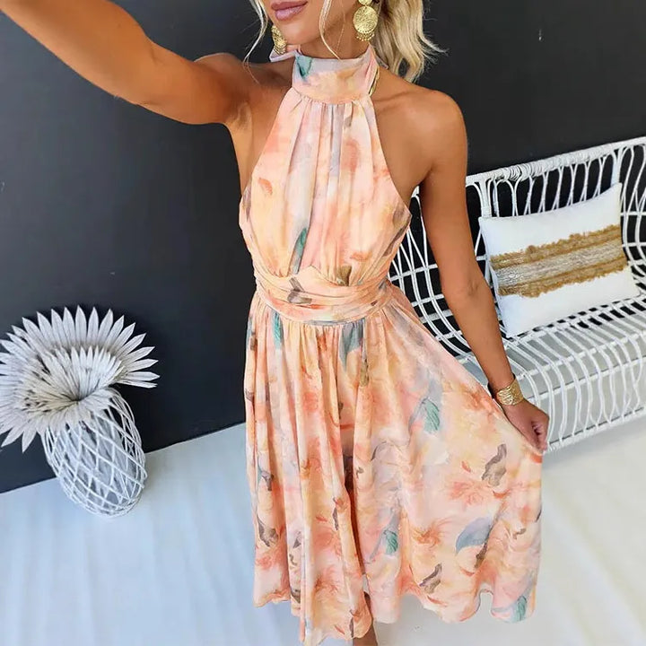 Women’s Halter A-Line Midi Dress with Fitted Waistband