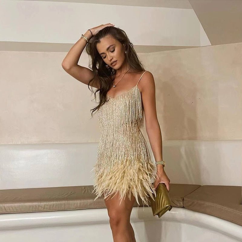 Women’s Sequin Party Evening Mini Dress with Feather Trim
