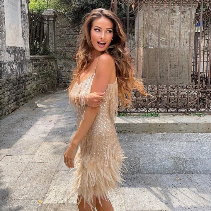 Women’s Sequin Party Evening Mini Dress with Feather Trim