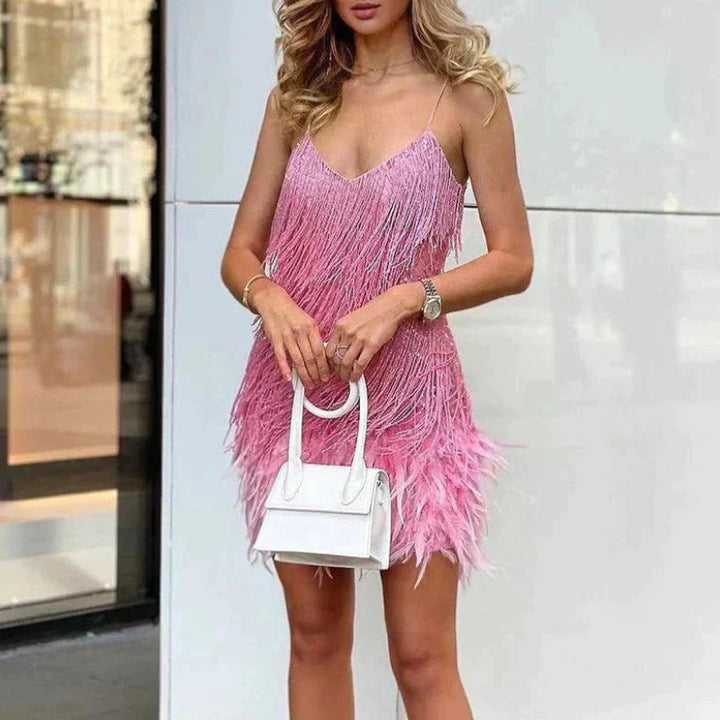 Women’s Sequin Party Evening Mini Dress with Feather Trim