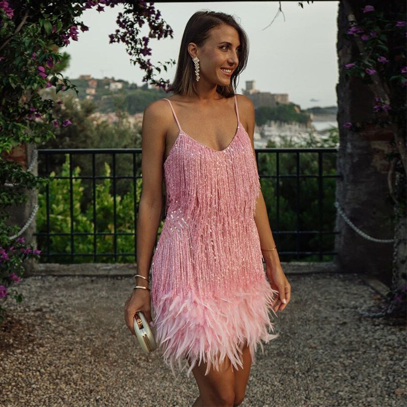 Women’s Sequin Party Evening Mini Dress with Feather Trim