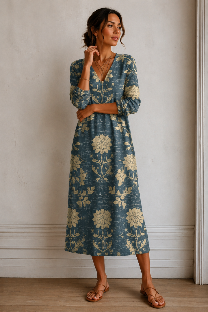 Women's Floral V-Neck 3/4 Sleeve Midi Dress
