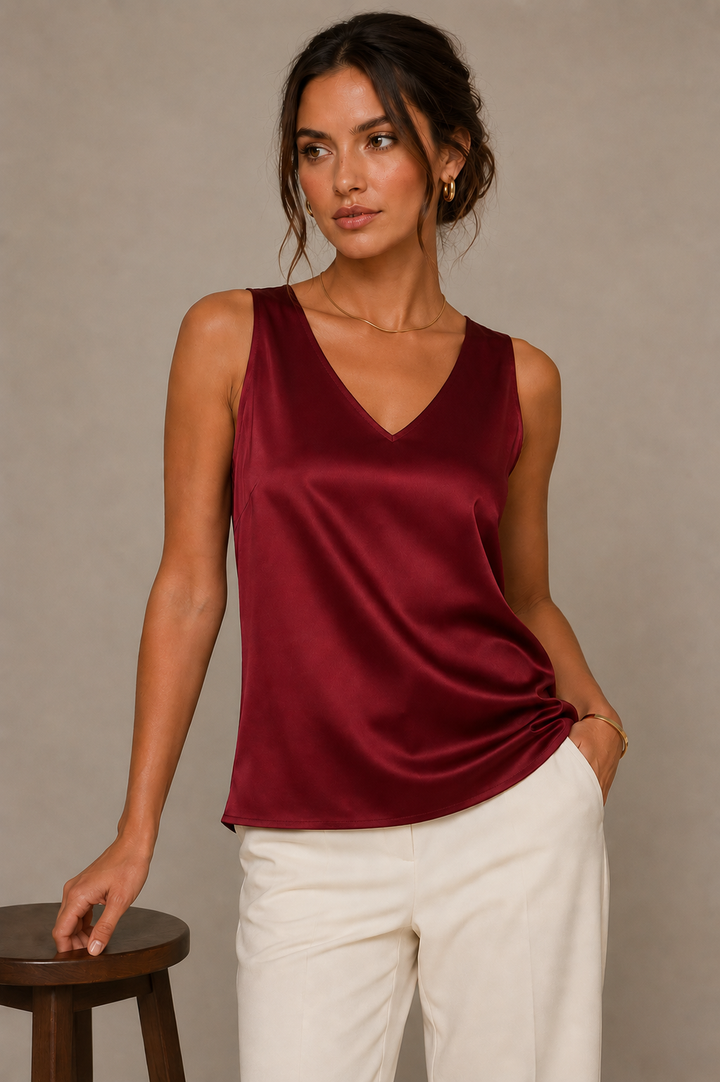 Women's Satin Camisole Top with V-Neckline and Wide Straps