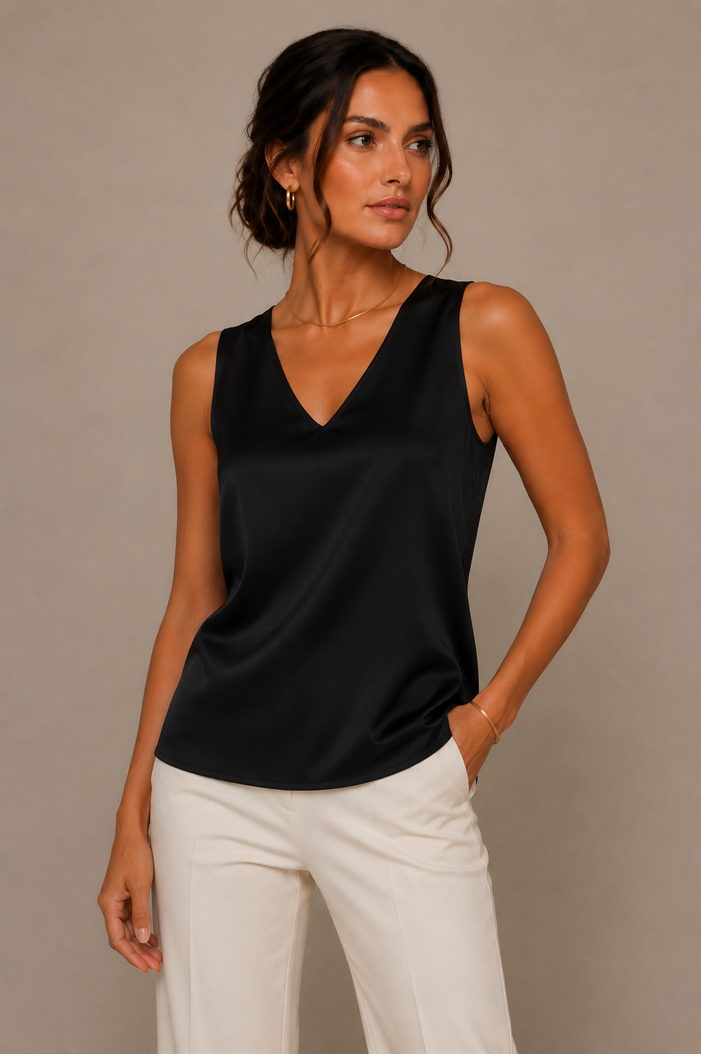 Women's Satin Camisole Top with V-Neckline and Wide Straps
