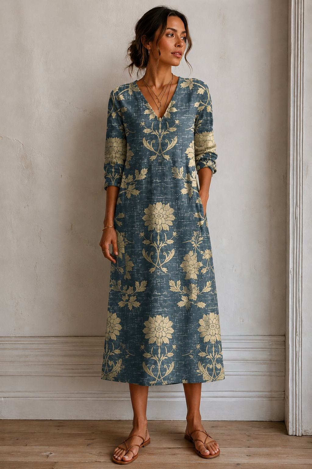 Women's Floral V-Neck 3/4 Sleeve Midi Dress
