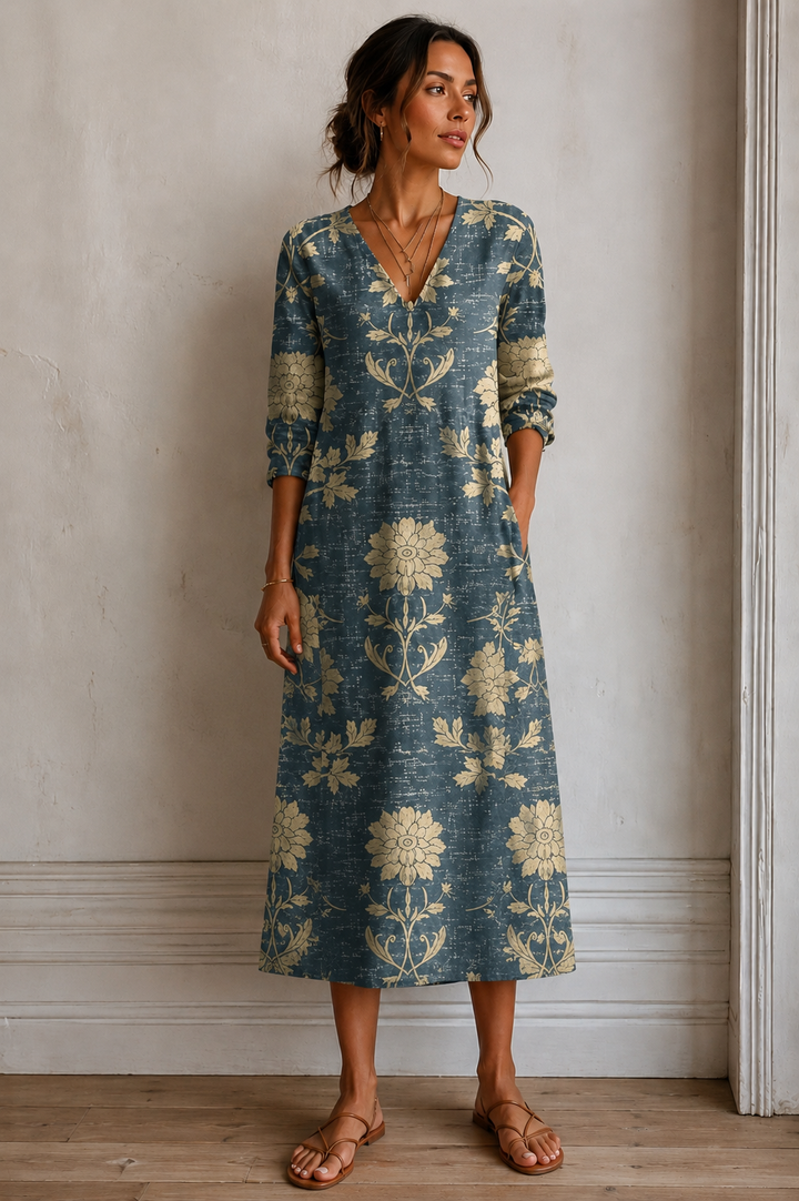 Women's Floral V-Neck 3/4 Sleeve Midi Dress