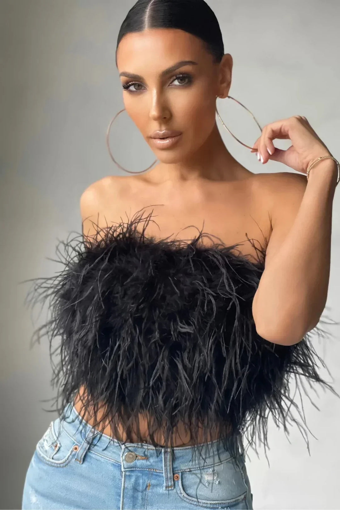 Women’s Strapless Feather Bandeau Crop Top