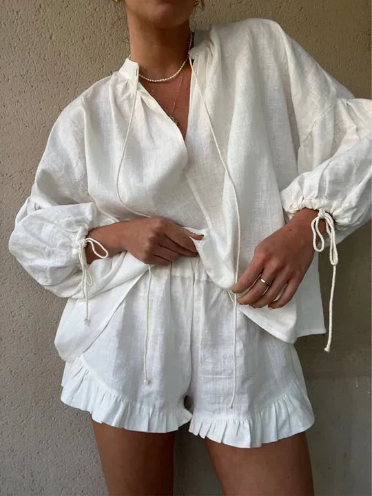 Women’s Linen V-Neck Lantern Sleeves Blouse Two Piece Set with Ruffle-Hem Shorts