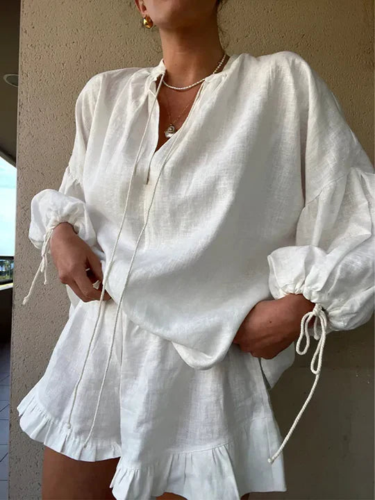 Women’s Linen V-Neck Lantern Sleeves Blouse Two Piece Set with Ruffle-Hem Shorts