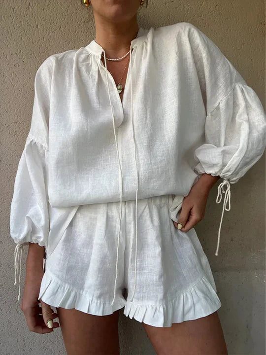 Women’s Linen V-Neck Lantern Sleeves Blouse Two Piece Set with Ruffle-Hem Shorts