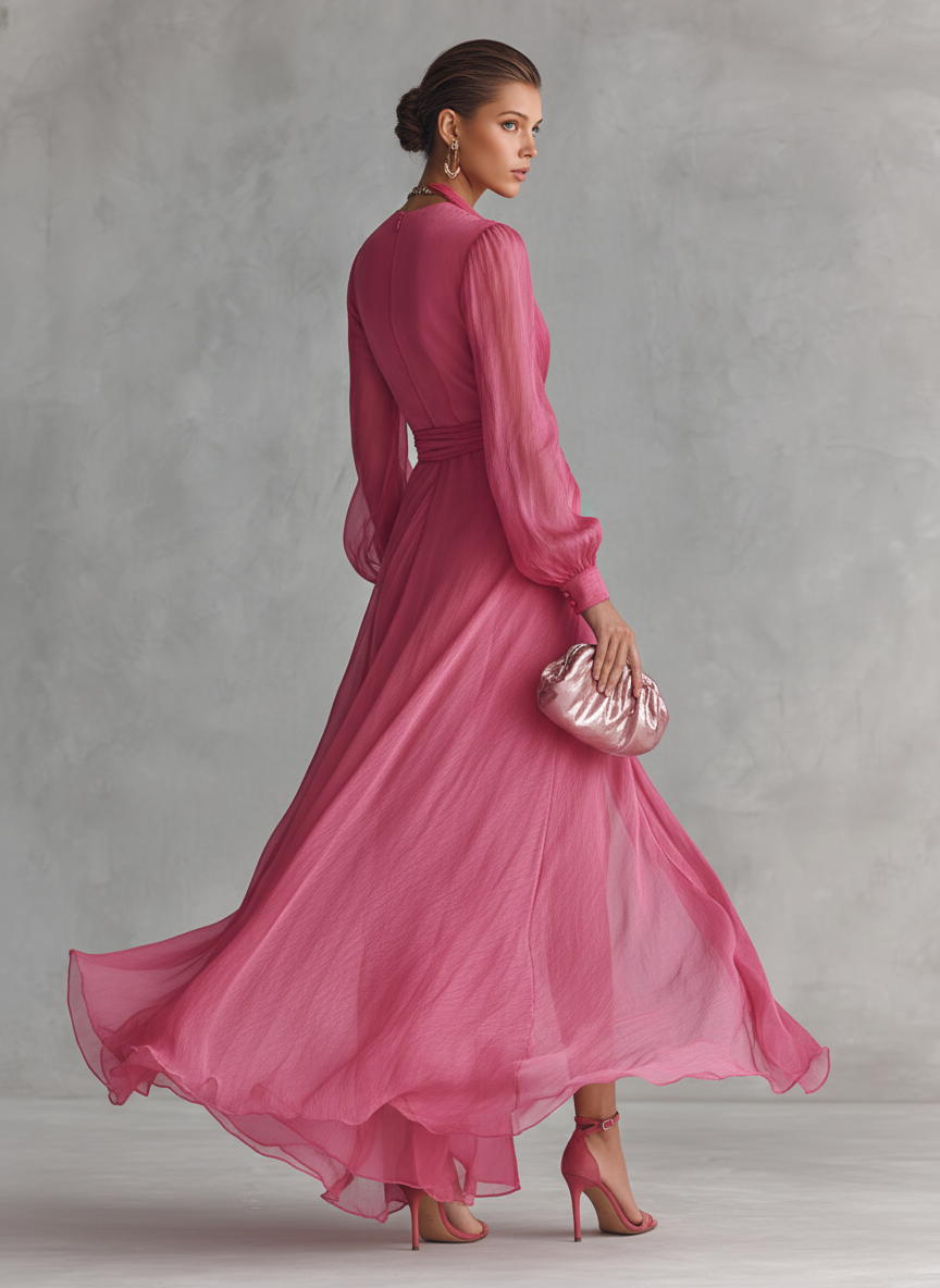 Women's Pearl Chiffon V-neck Tie-waist Long Dress