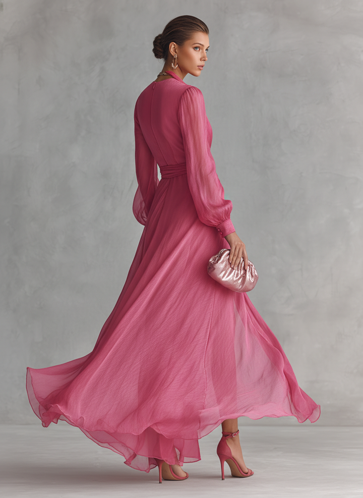 Women's Pearl Chiffon V-neck Tie-waist Long Dress