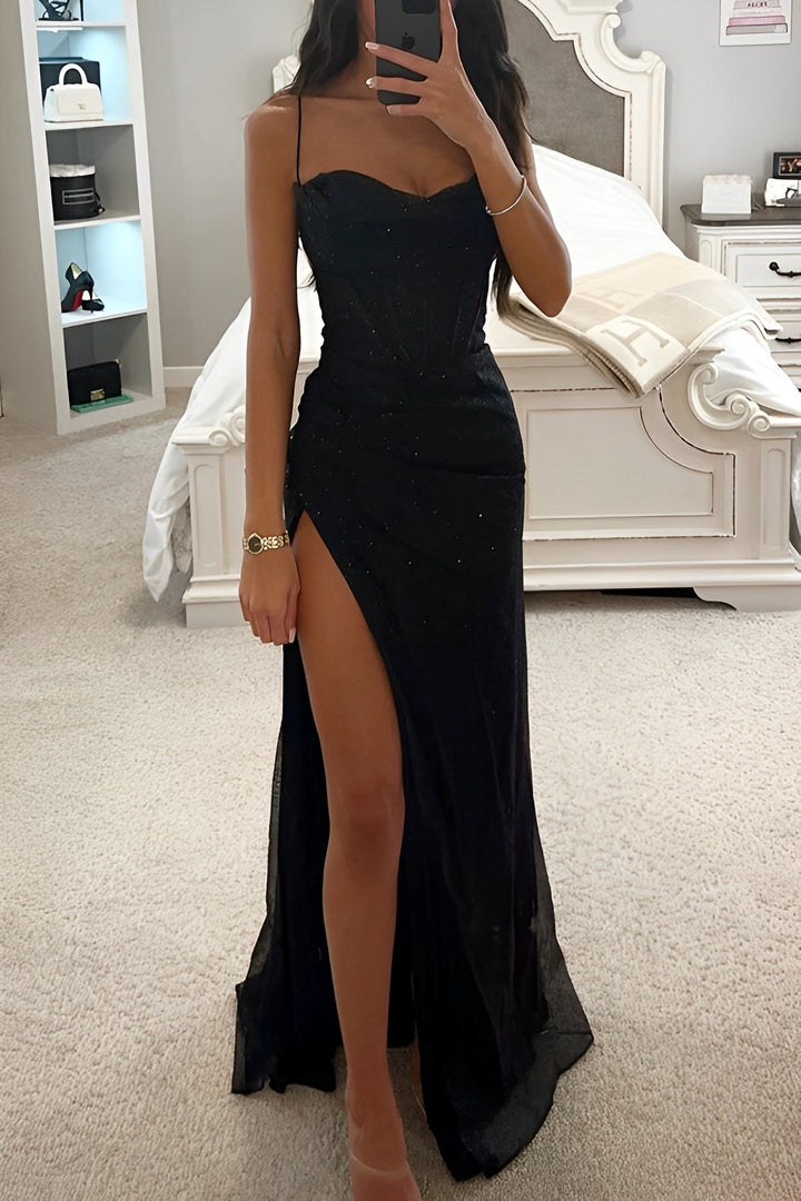 Women's Corset Maxi Dress with High Slit and Spaghetti Straps