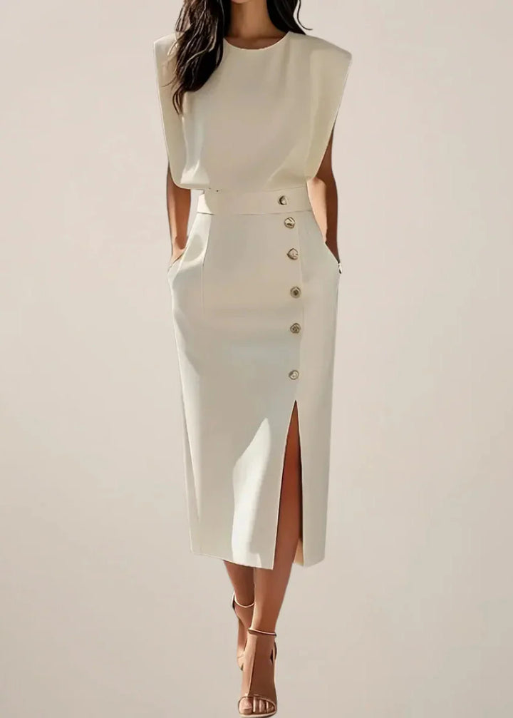 Women’s Sleeveless Midi Dress with Button Detail and Side Slit