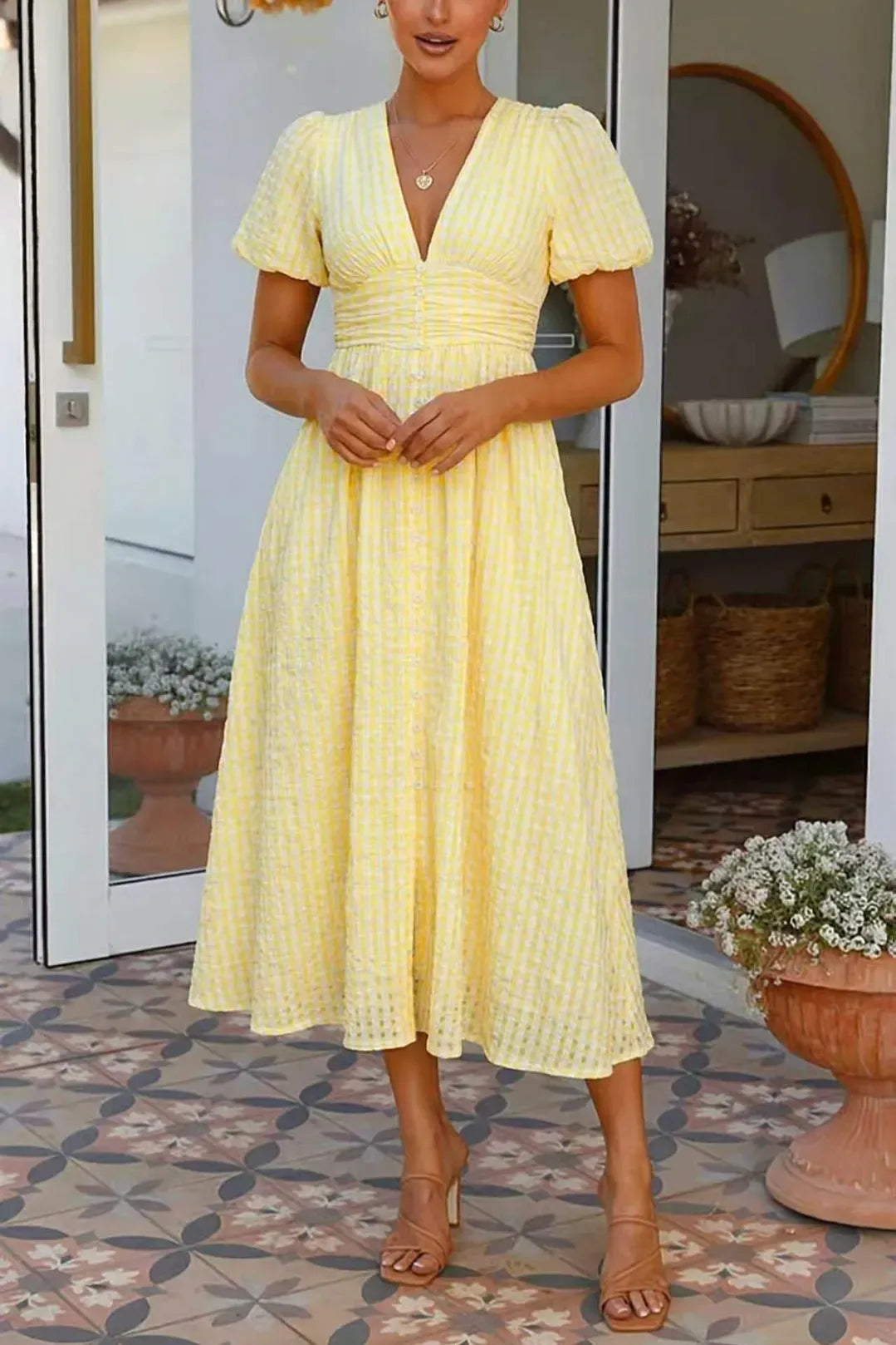 Women’s Midi Dress with Puff Sleeves and V-Neck