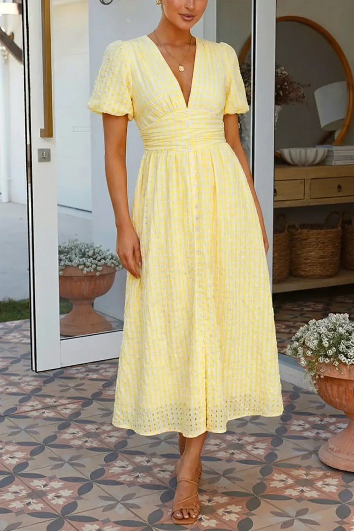 Women’s Midi Dress with Puff Sleeves and V-Neck