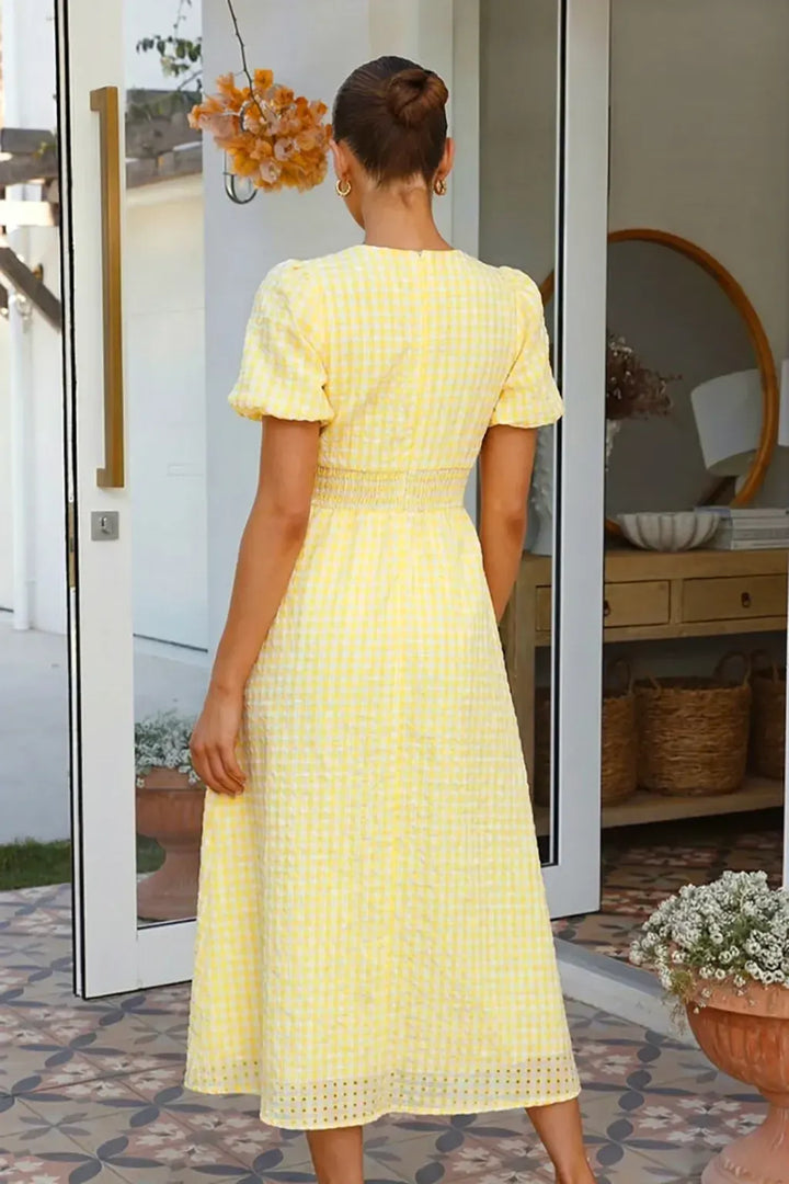 Women’s Midi Dress with Puff Sleeves and V-Neck