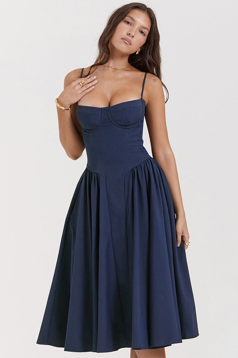 Women's Cocktail Corset Midi Dress with Adjustable Straps