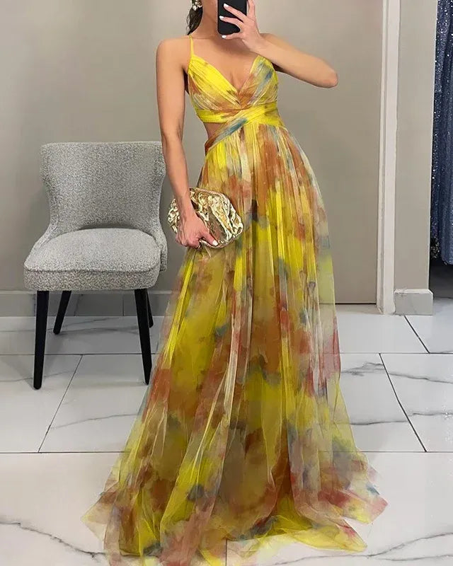 Women's Sleeveless Floral Print Maxi Guest Gown