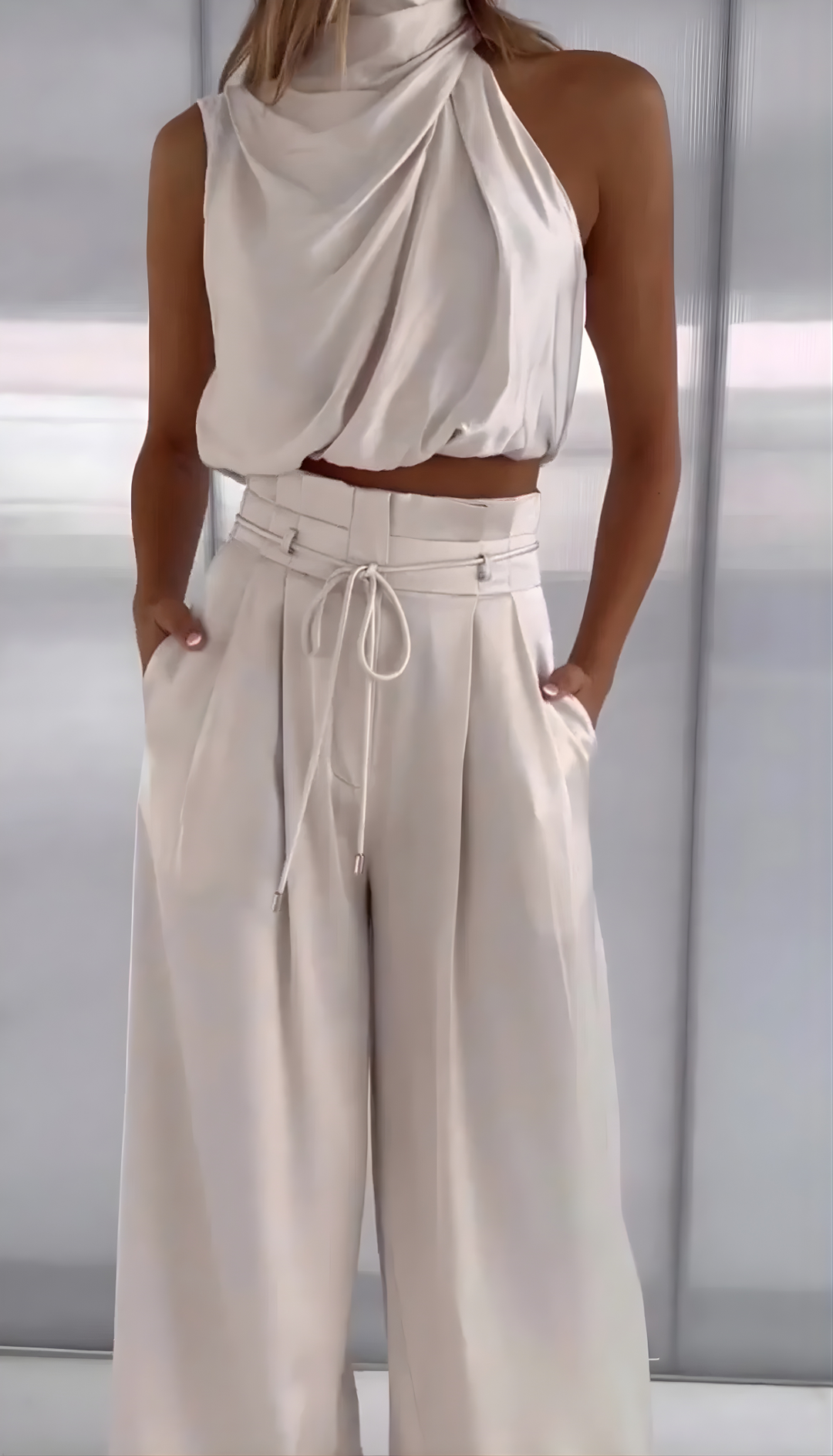 Women’s Halter Draped Crop Top Two-Piece Set with Wide-Leg Pants