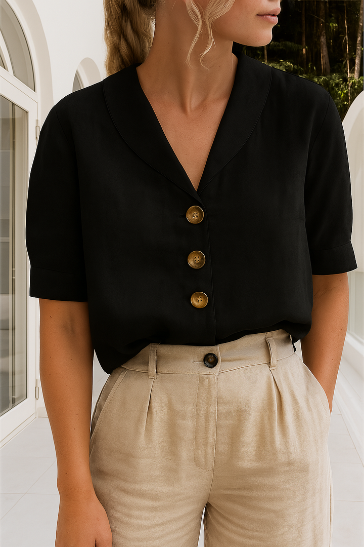 Women's Button Front Blouse Short Sleeve Shawl Collared