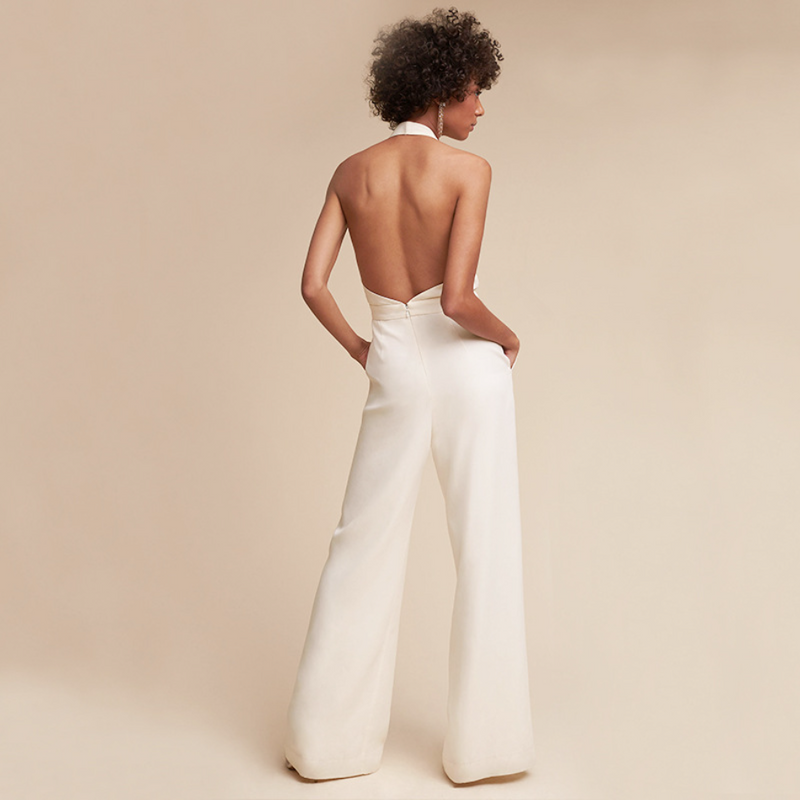 Women's Halter V-Neck Backless Jumpsuit with Wide Leg