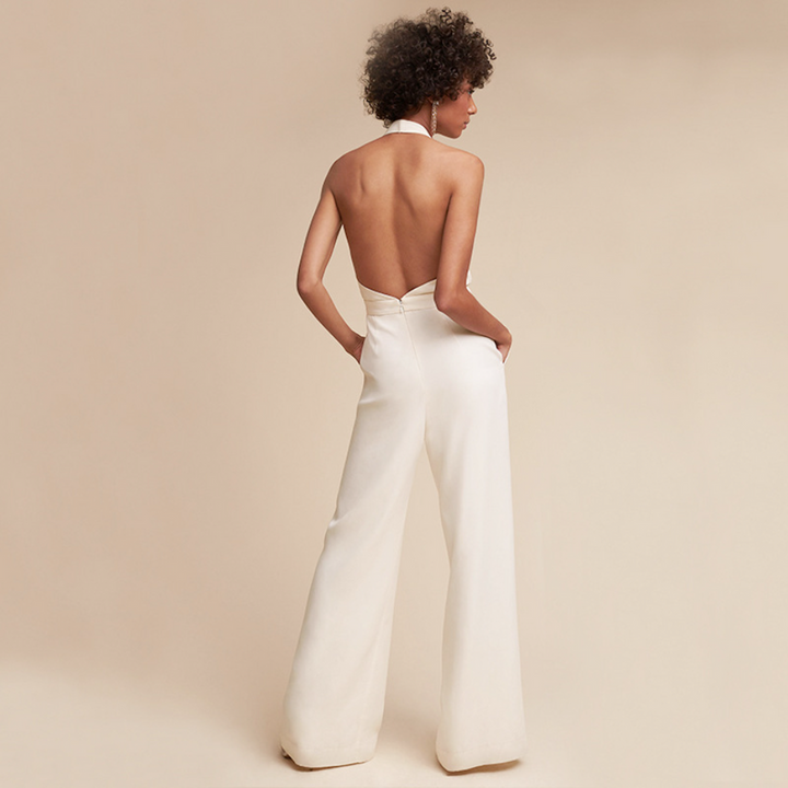 Women's Halter V-Neck Backless Jumpsuit with Wide Leg