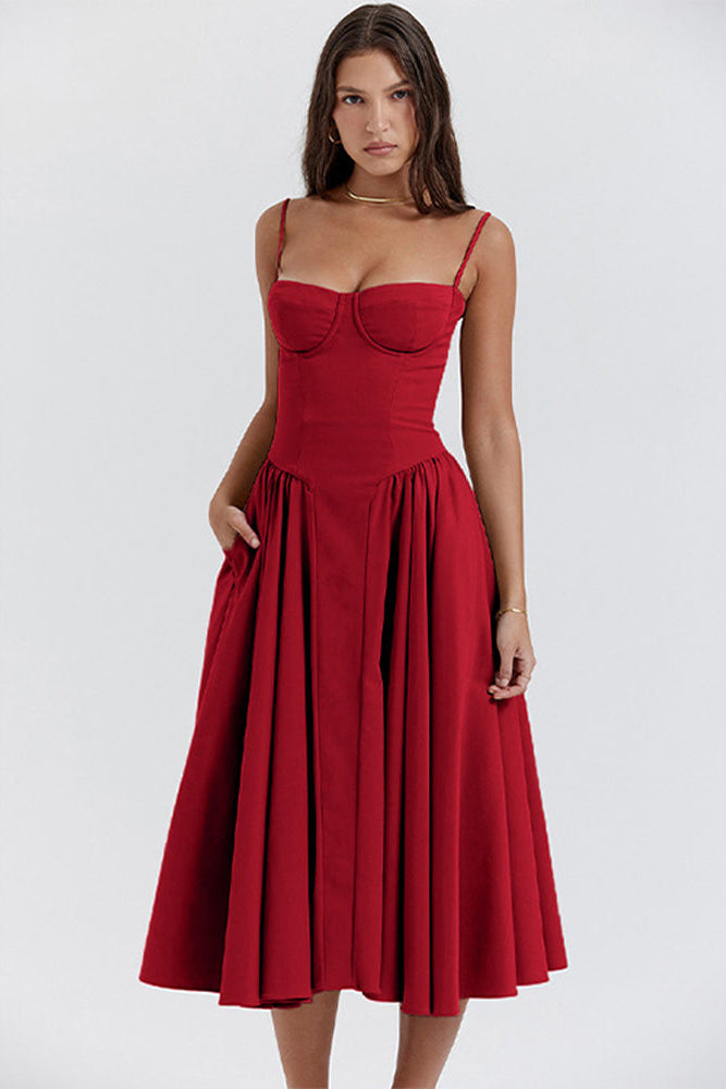 Women's Cocktail Corset Midi Dress with Adjustable Straps
