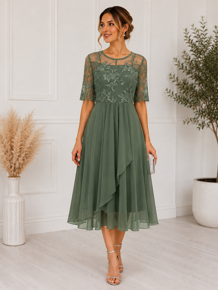 Women's Chiffon A-Line Lace Midi Cocktail Dress