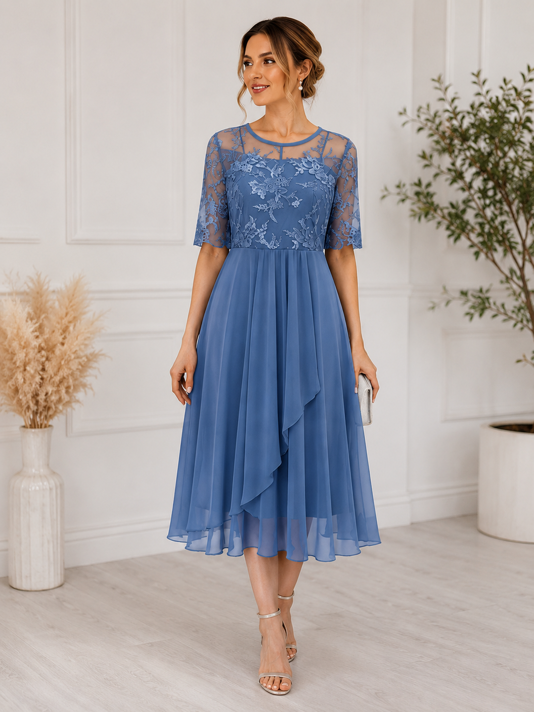 Women's Chiffon A-Line Lace Midi Cocktail Dress
