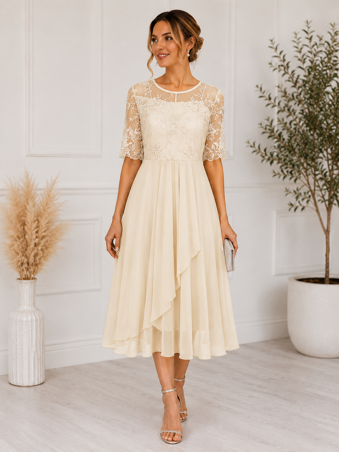 Women's Chiffon A-Line Lace Midi Cocktail Dress