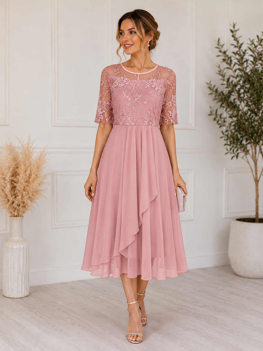 Women's Chiffon A-Line Lace Midi Cocktail Dress